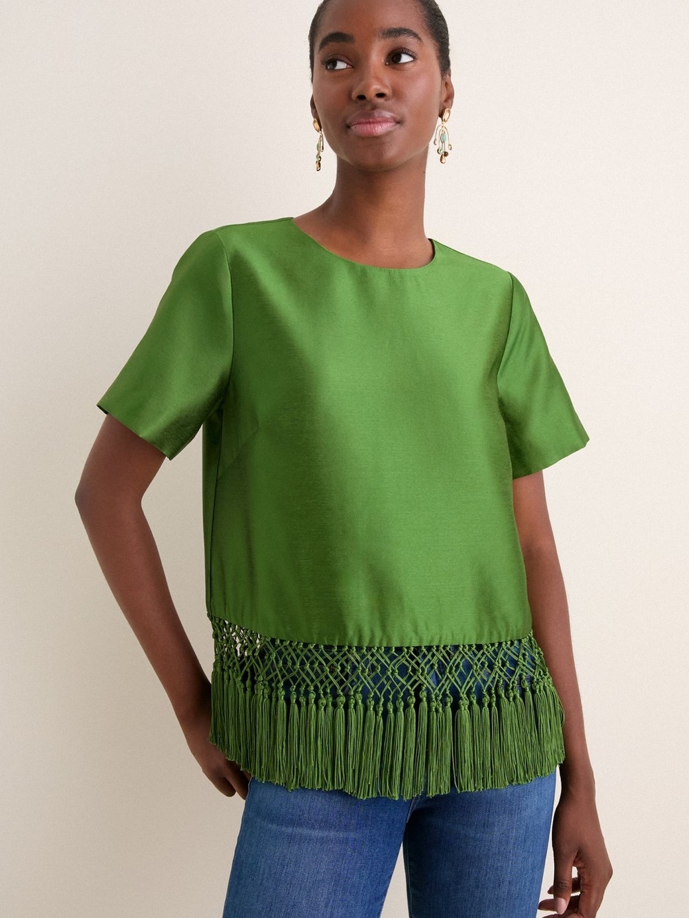 Tuckernuck Emerald Green Short-Sleeve Fringe-Hem Top